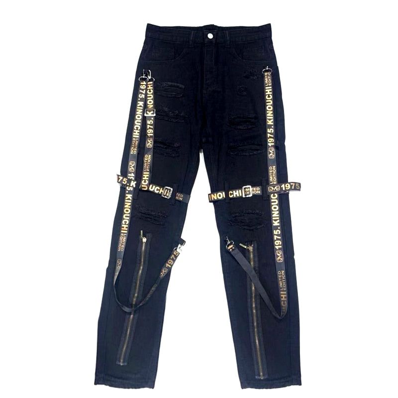 Mens Skinny Strapped Cargo Jeans- Black & Cream - MTR210